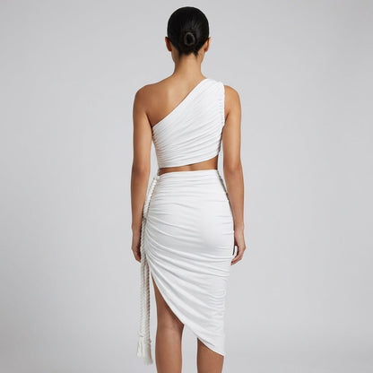 Robe longue femme asymétrique à une épaule avec fronces-Maxi Dress-Gigié