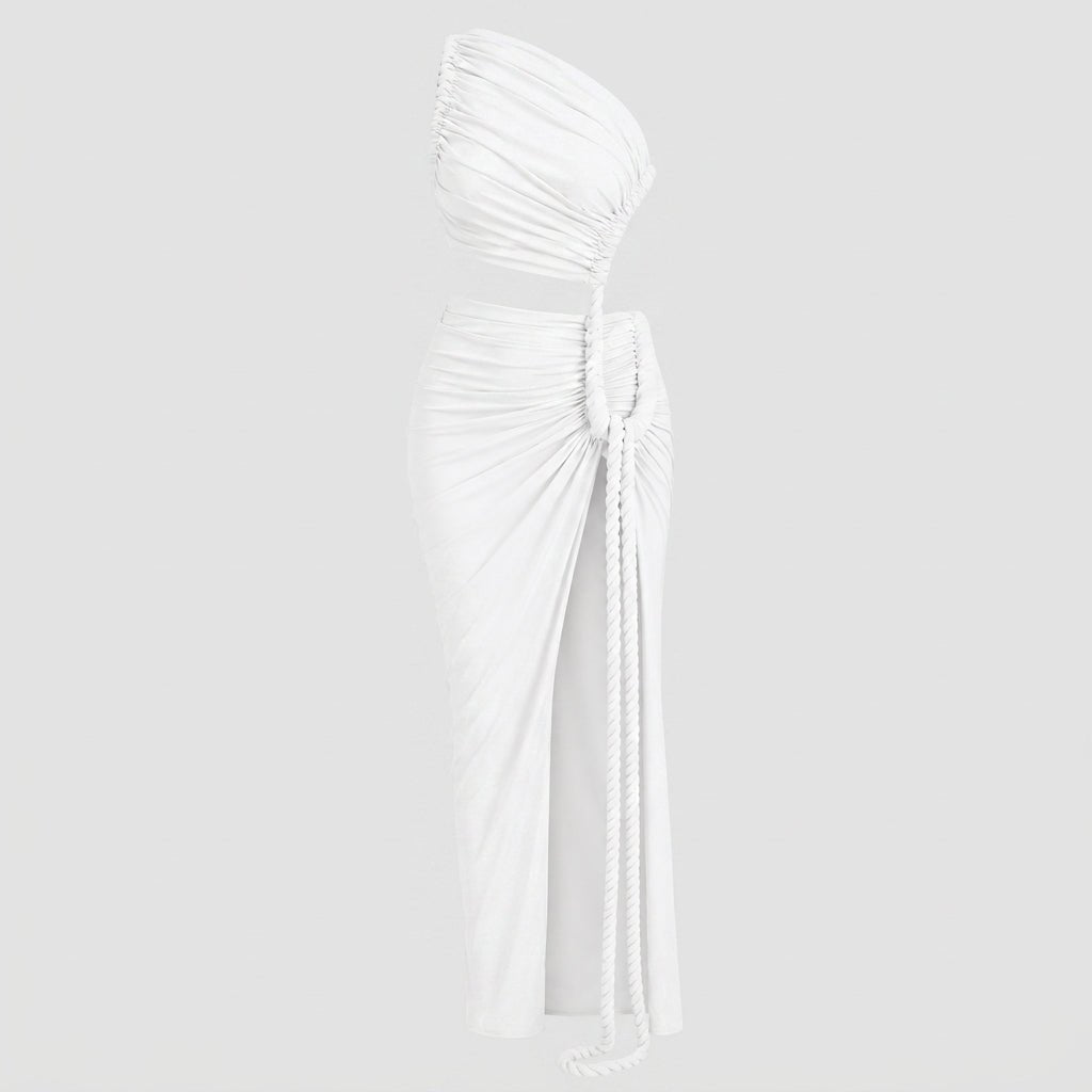 Robe longue femme asymétrique à une épaule avec fronces-Maxi Dress-Gigié