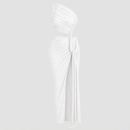 Robe longue femme asymétrique à une épaule avec fronces-Maxi Dress-Gigié