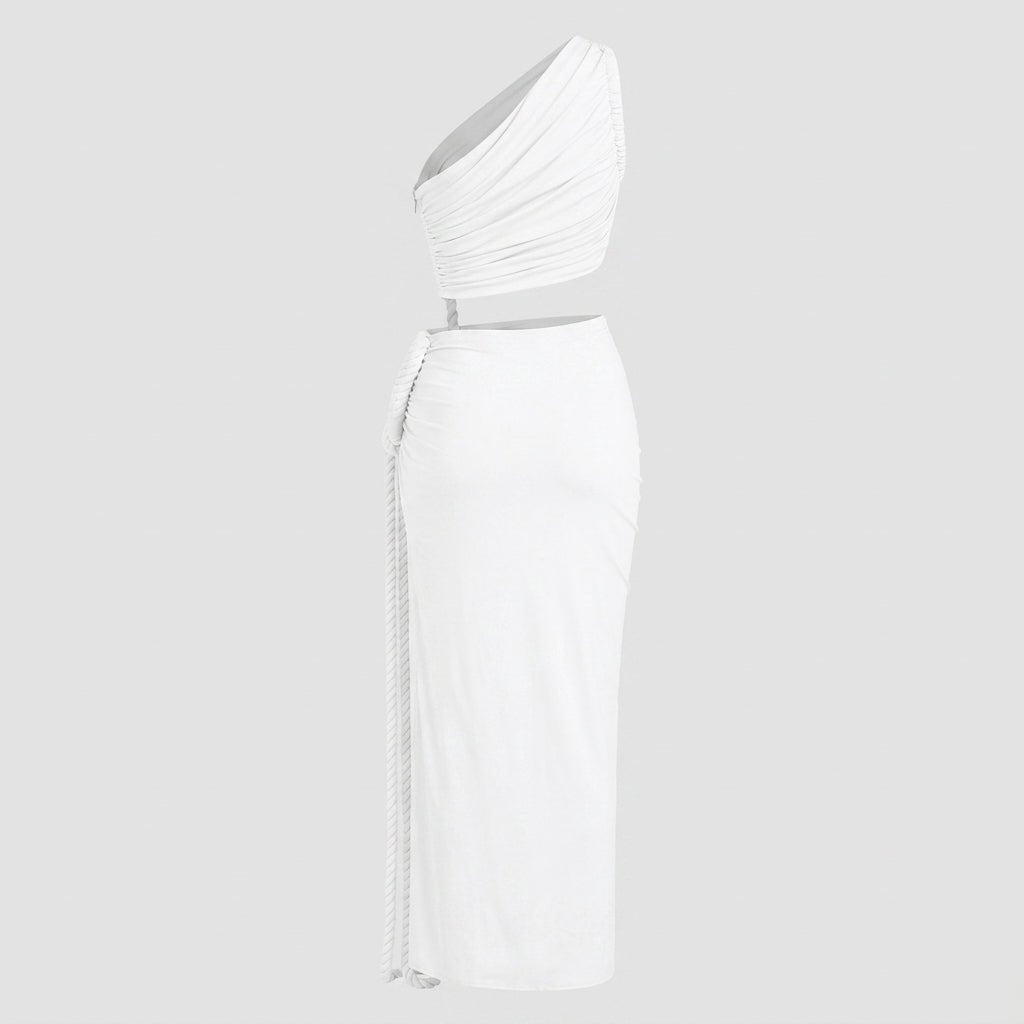 Robe longue femme asymétrique à une épaule avec fronces-Maxi Dress-Gigié