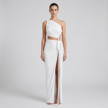 Robe longue femme asymétrique à une épaule avec fronces-Maxi Dress-Gigié