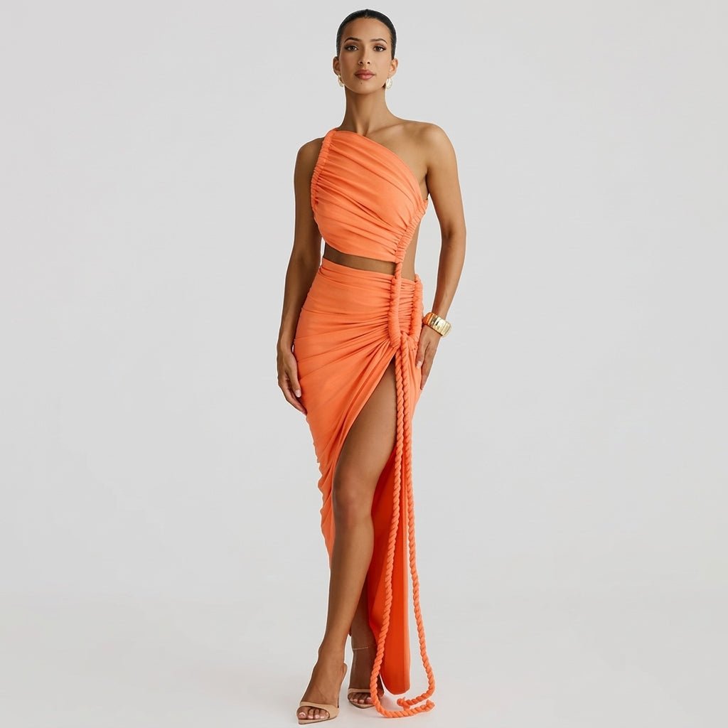 Robe longue femme asymétrique à une épaule avec fronces-Maxi Dress-Gigié