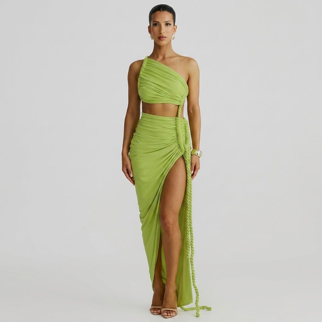 Robe longue femme asymétrique à une épaule avec fronces-Maxi Dress-Gigié