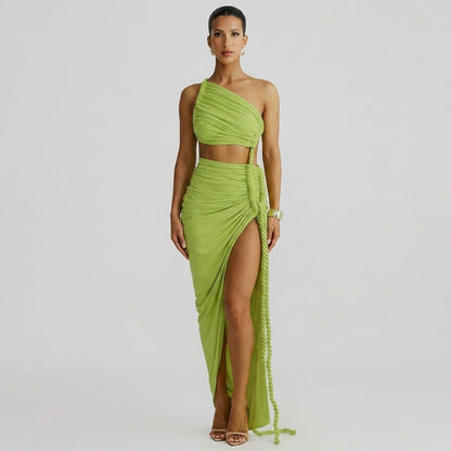 Robe longue femme asymétrique à une épaule avec fronces-Maxi Dress-Gigié