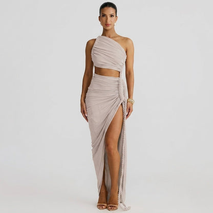 Robe longue femme asymétrique à une épaule avec fronces-Maxi Dress-Gigié