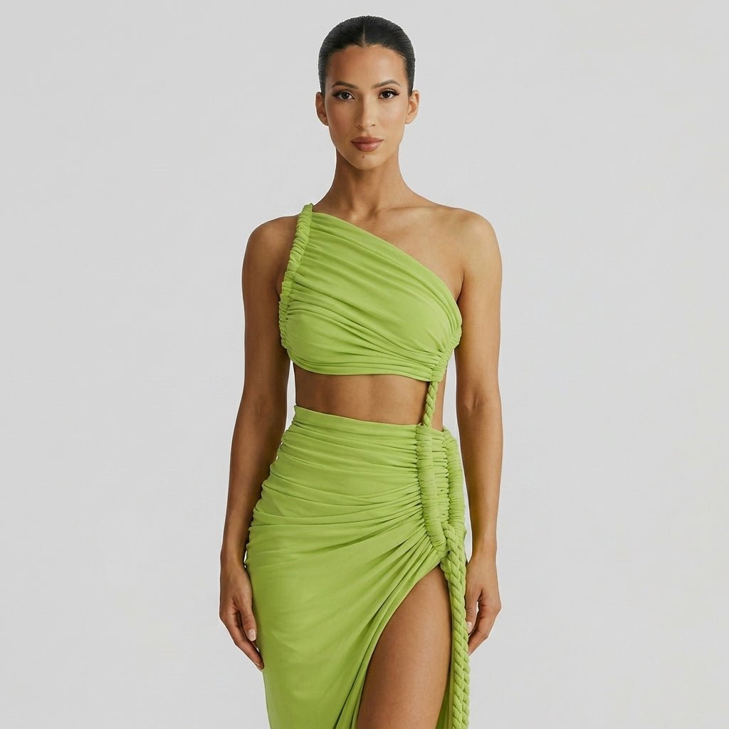 Robe longue femme asymétrique à une épaule avec fronces-Maxi Dress-Gigié