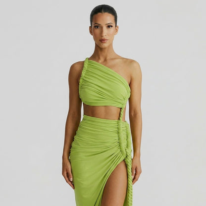 Robe longue femme asymétrique à une épaule avec fronces-Maxi Dress-Gigié