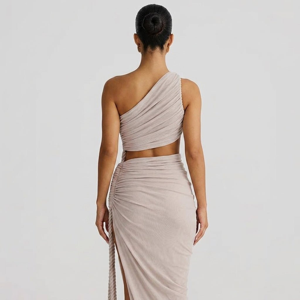 Robe longue femme asymétrique à une épaule avec fronces-Maxi Dress-Gigié