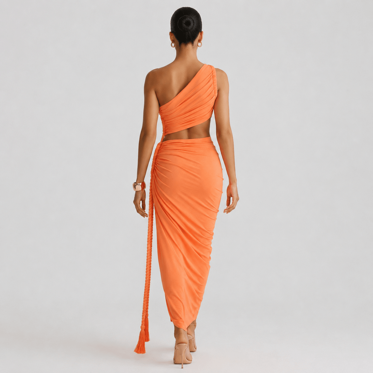 Robe longue femme asymétrique à une épaule avec fronces-Maxi Dress-Gigié