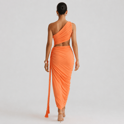 Robe longue femme asymétrique à une épaule avec fronces-Maxi Dress-Gigié