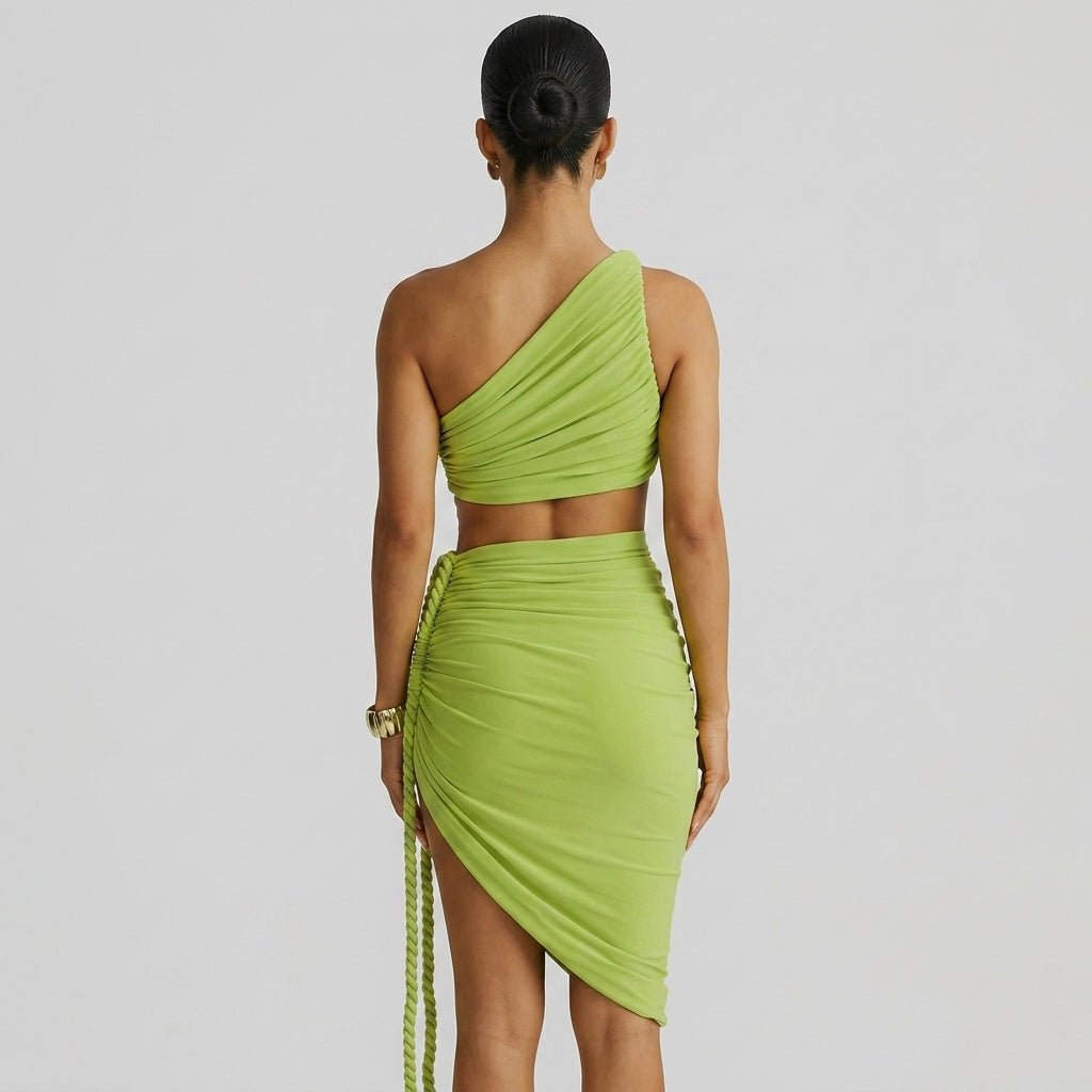 Robe longue femme asymétrique à une épaule avec fronces-Maxi Dress-Gigié