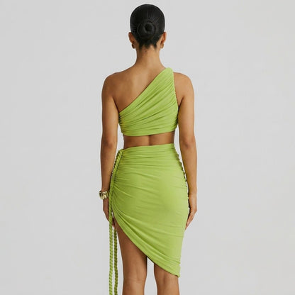 Robe longue femme asymétrique à une épaule avec fronces-Maxi Dress-Gigié