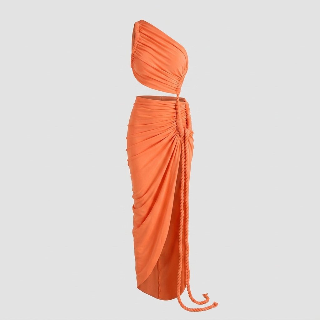 Robe longue femme asymétrique à une épaule avec fronces-Maxi Dress-Gigié
