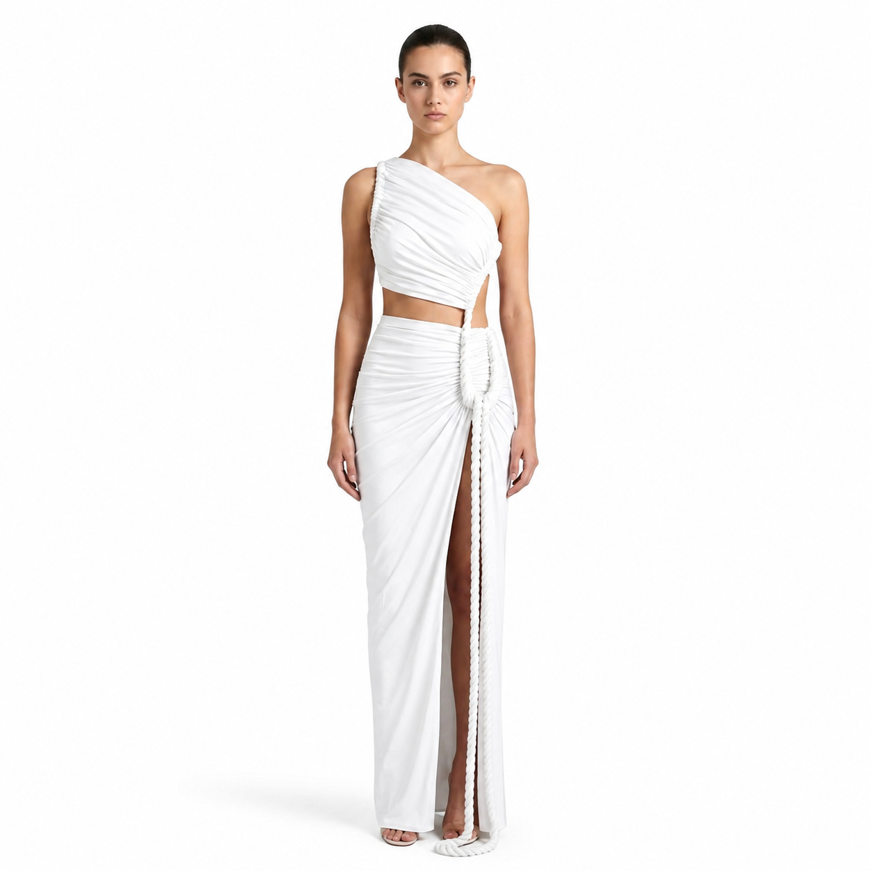 Robe longue femme asymétrique à une épaule avec fronces-Maxi Dress-Gigié