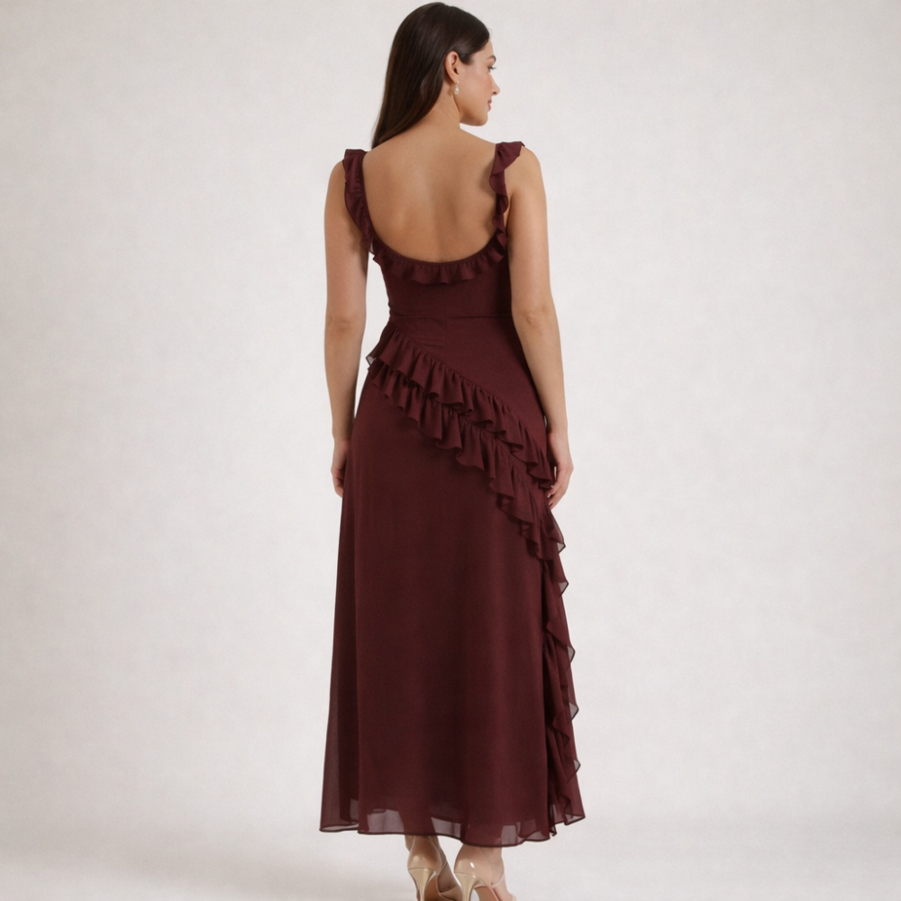 Robe longue femme avec bretelles à volants-Maxi Dress-Gigié