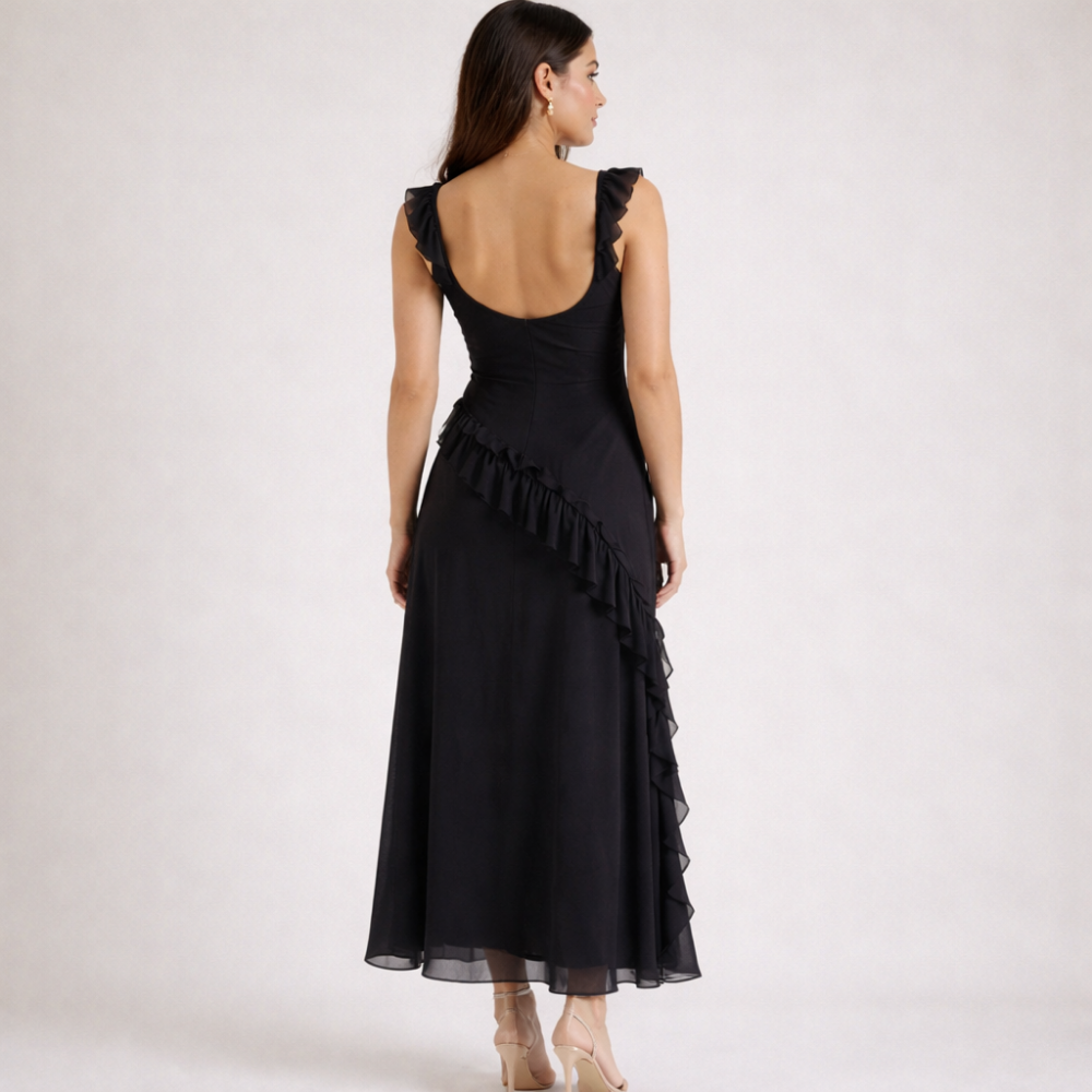 Robe longue femme avec bretelles à volants-Maxi Dress-Gigié