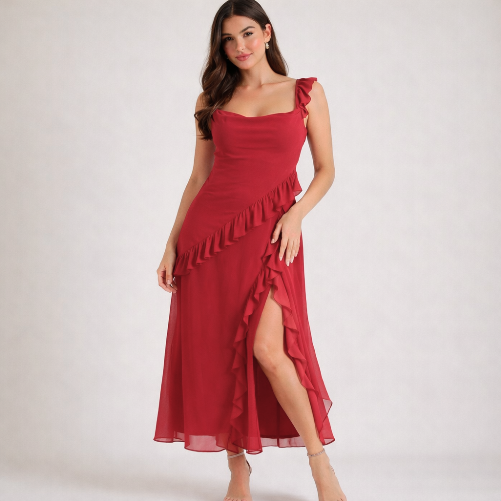 Robe longue femme avec bretelles à volants-Maxi Dress-Gigié
