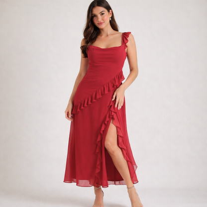 Robe longue femme avec bretelles à volants-Maxi Dress-Gigié