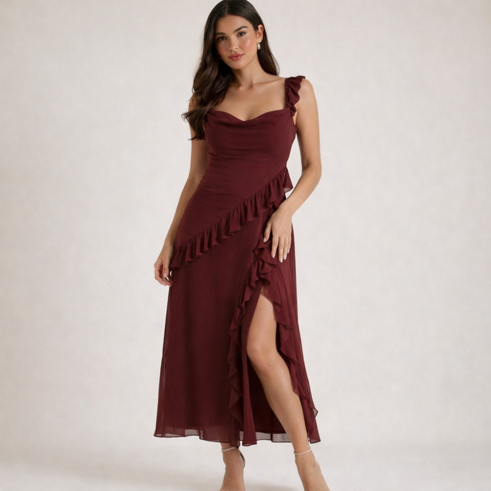 Robe longue femme avec bretelles à volants-Maxi Dress-Gigié