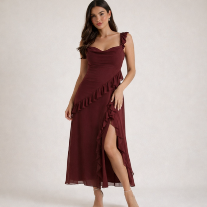 Robe longue femme avec bretelles à volants-Maxi Dress-Gigié