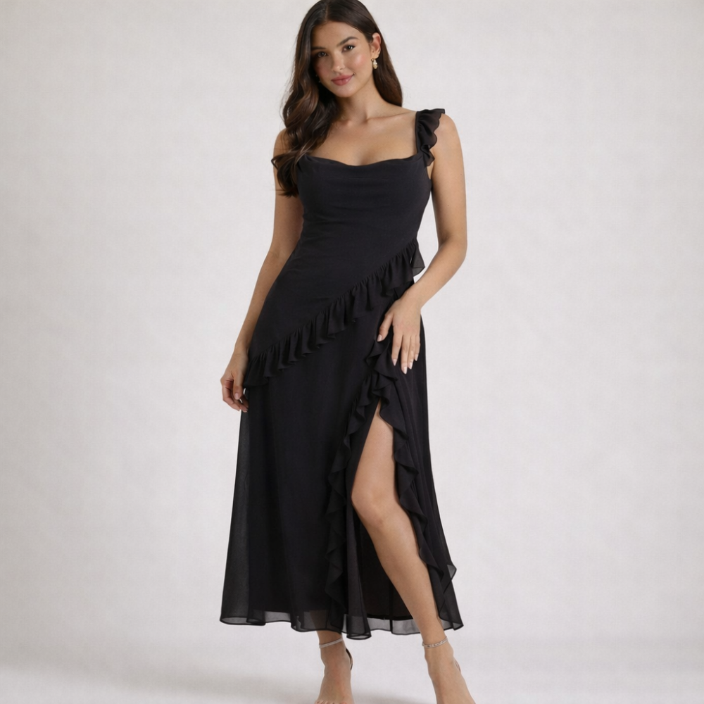 Robe longue femme avec bretelles à volants-Maxi Dress-Gigié