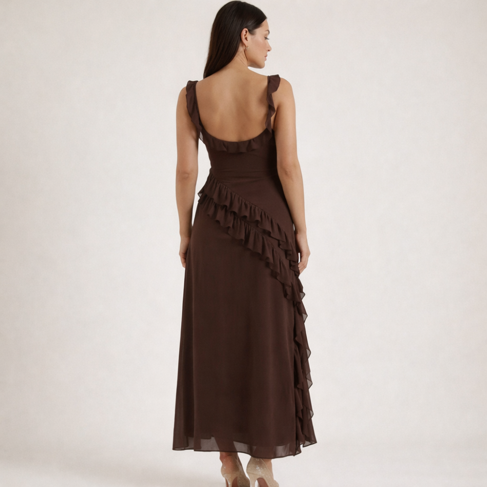 Robe longue femme avec bretelles à volants-Maxi Dress-Gigié
