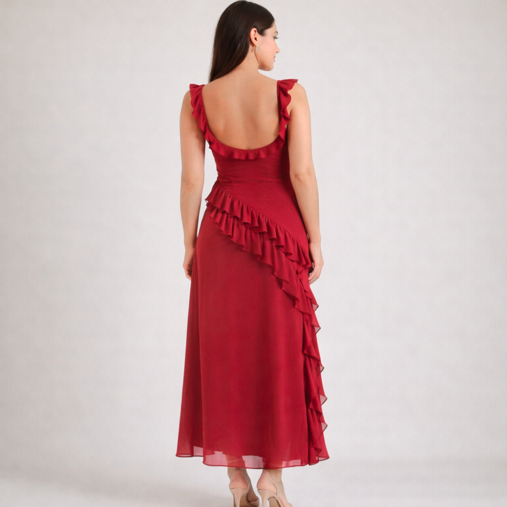 Robe longue femme avec bretelles à volants-Maxi Dress-Gigié
