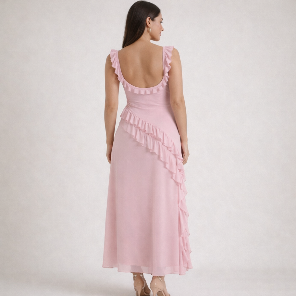 Robe longue femme avec bretelles à volants-Maxi Dress-Gigié