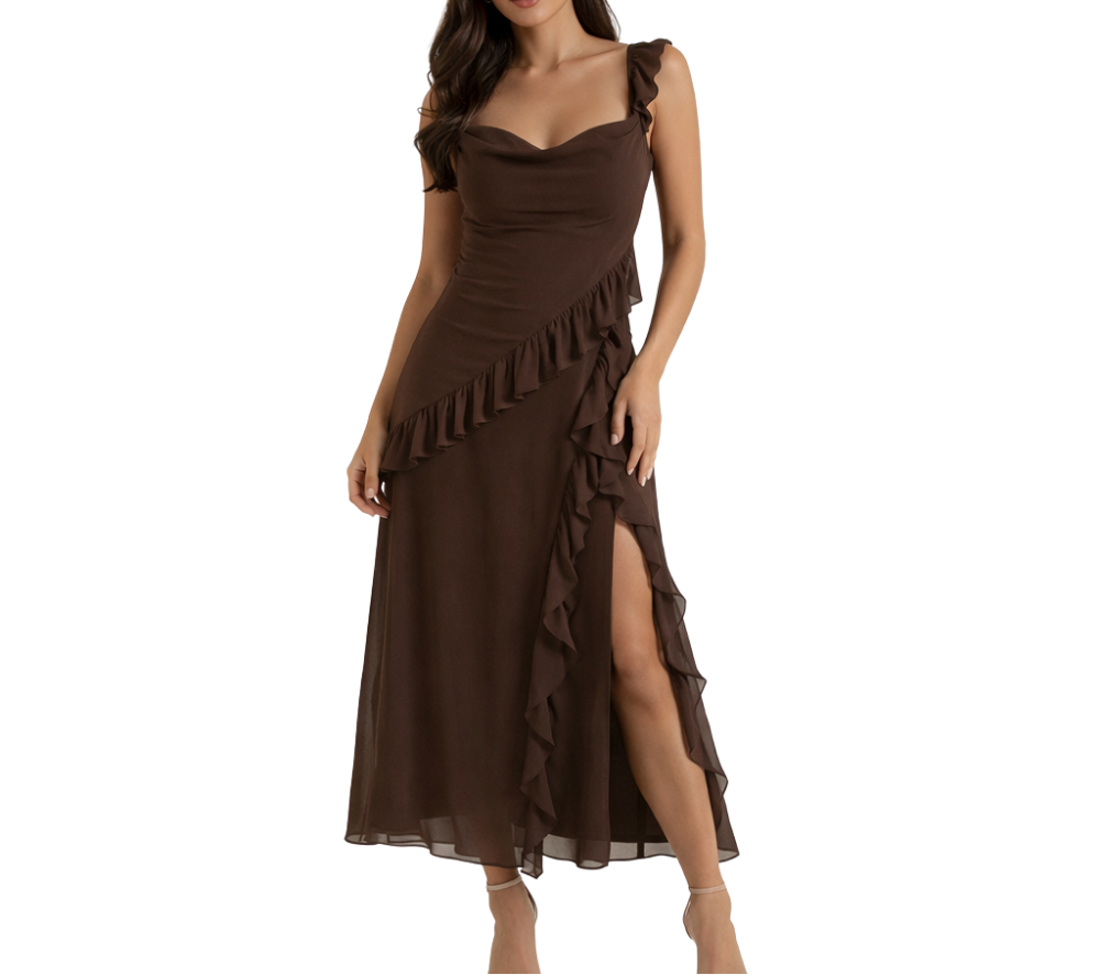 Robe longue femme avec bretelles à volants-Maxi Dress-Gigié