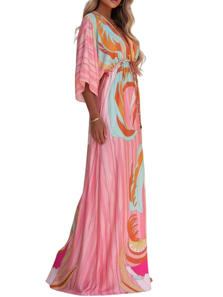 Robe longue femme avec col en V et cordon à la taille-Maxi Dress-Gigié