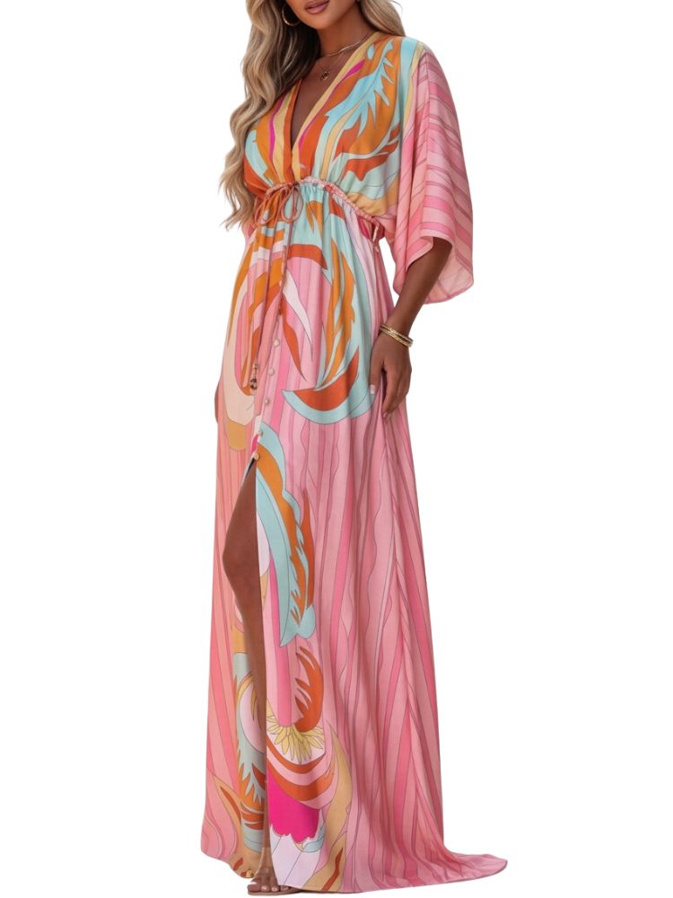 Robe longue femme avec col en V et cordon à la taille-Maxi Dress-Gigié