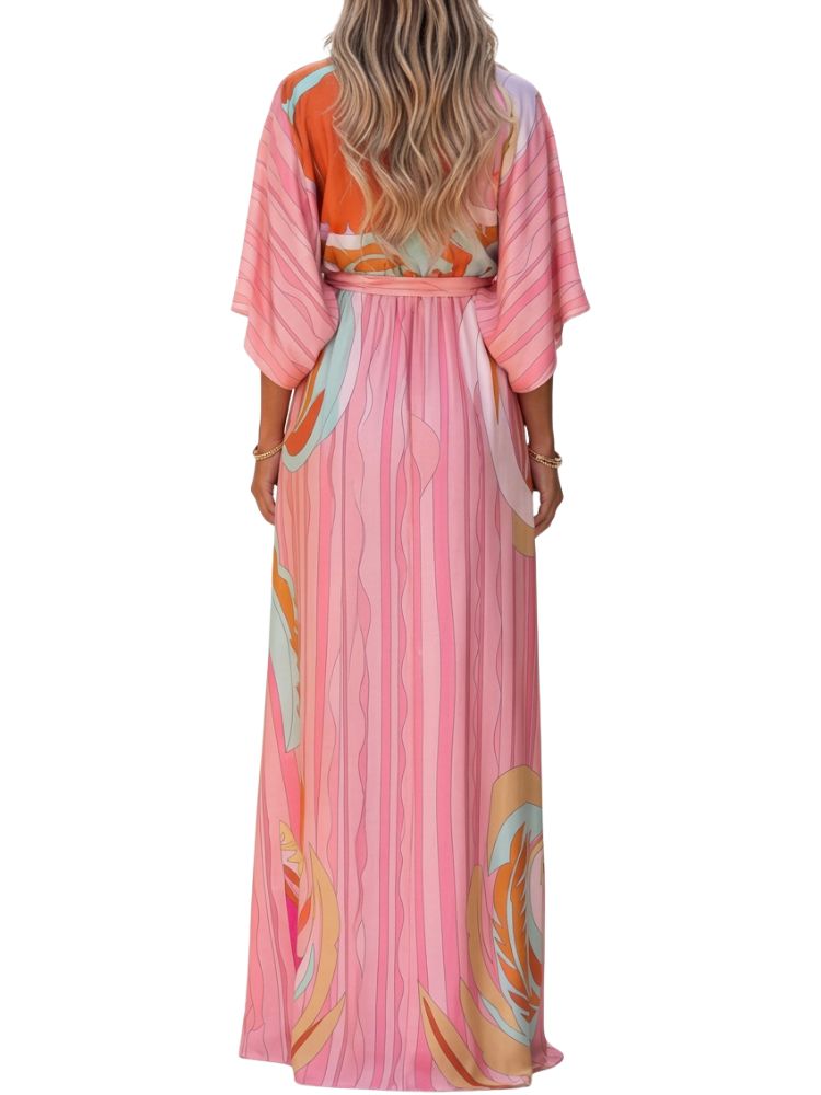 Robe longue femme avec col en V et cordon à la taille-Maxi Dress-Gigié