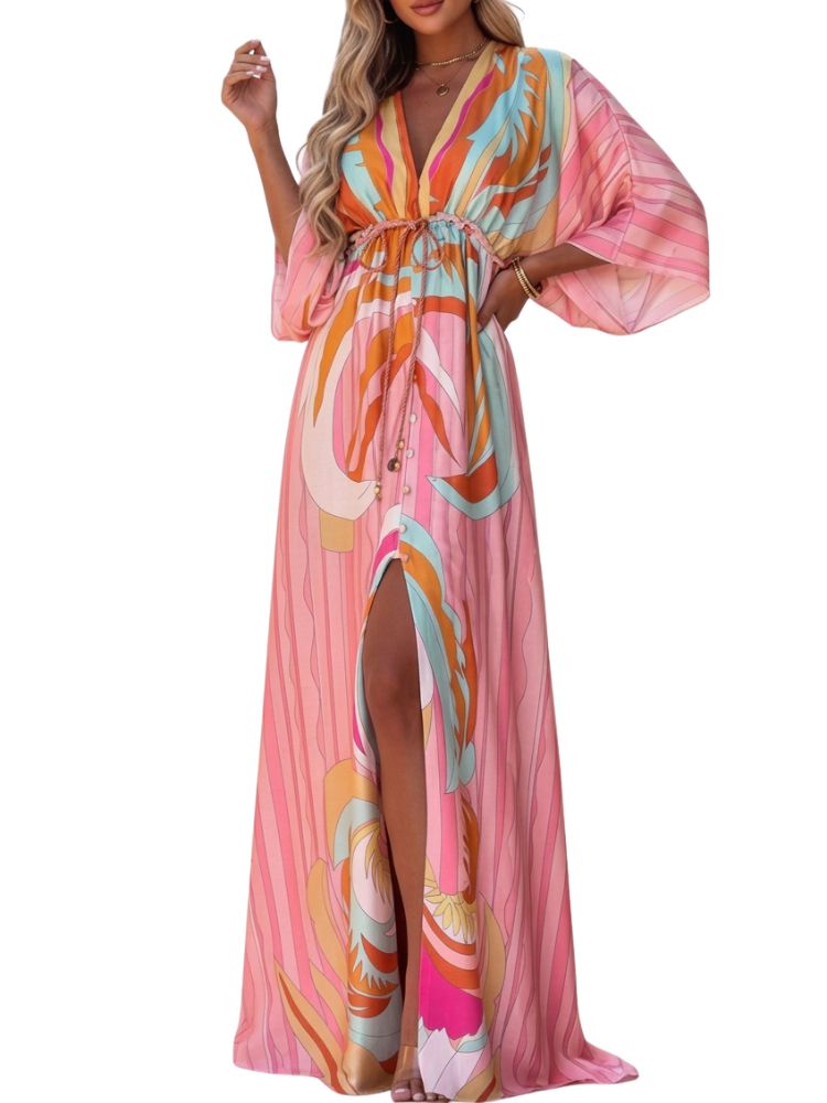 Robe longue femme avec col en V et cordon à la taille-Maxi Dress-Gigié