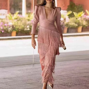 Robe longue femme avec col en V et jupe à franges-Midi Dress-Gigié
