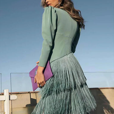 Robe longue femme avec col en V et jupe à franges-Midi Dress-Gigié