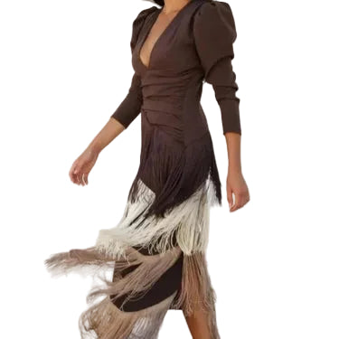 Robe longue femme avec col en V et jupe à franges-Midi Dress-Gigié