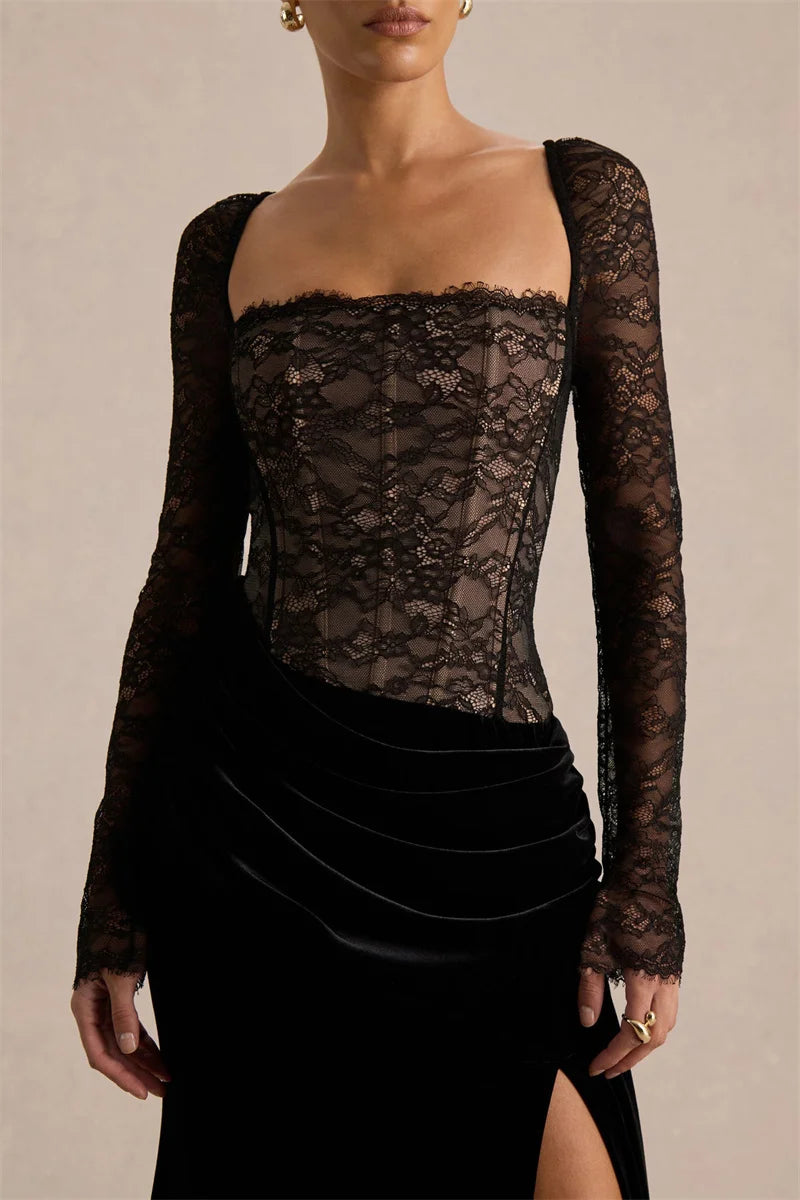 Robe longue femme avec haut en dentelle et fente latérale-Maxi Dress-Gigié