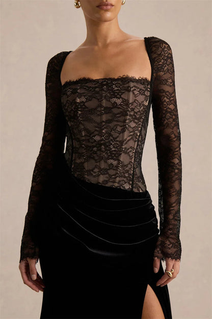 Robe longue femme avec haut en dentelle et fente latérale-Maxi Dress-Gigié