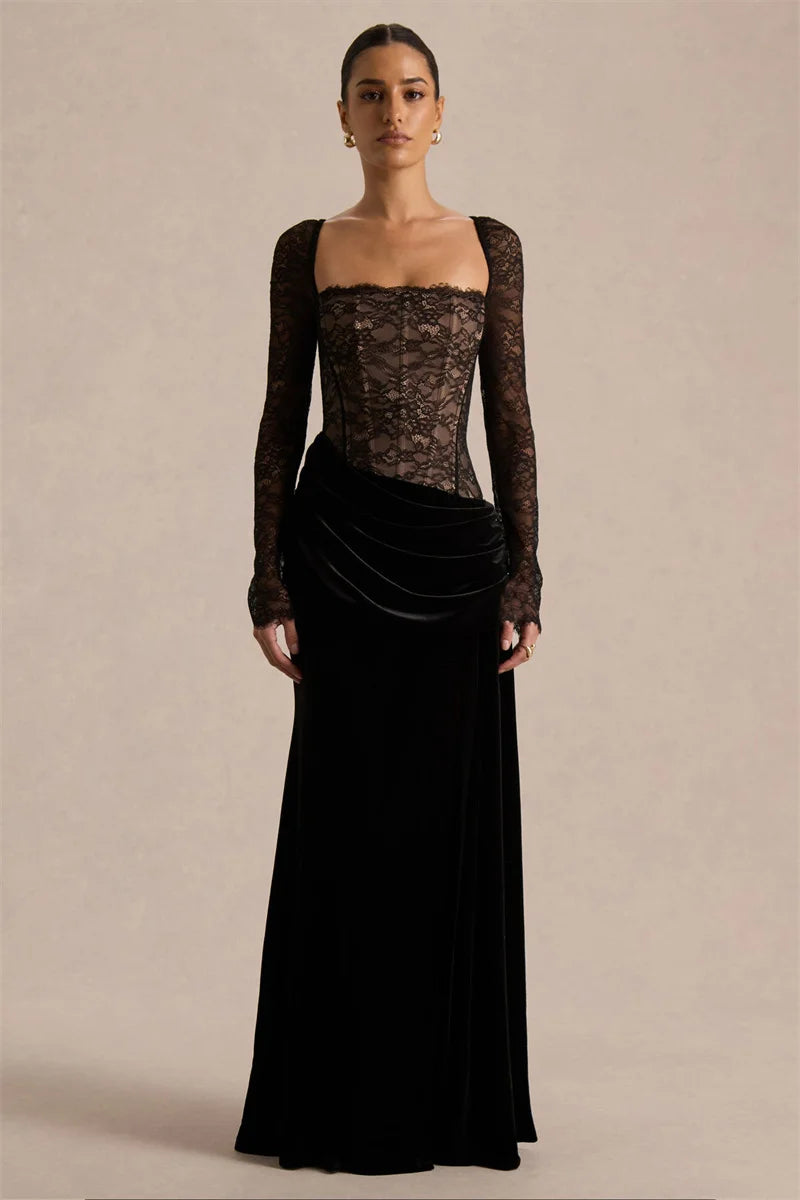 Robe longue femme avec haut en dentelle et fente latérale-Maxi Dress-Gigié