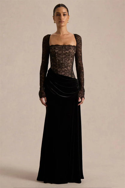 Robe longue femme avec haut en dentelle et fente latérale-Maxi Dress-Gigié