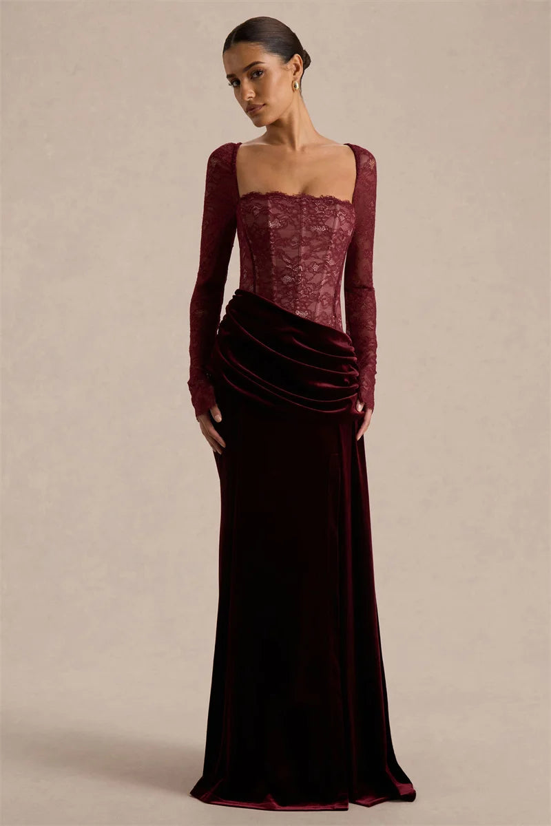 Robe longue femme avec haut en dentelle et fente latérale-Maxi Dress-Gigié
