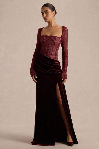 Robe longue femme avec haut en dentelle et fente latérale-Maxi Dress-Gigié