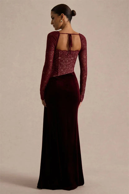 Robe longue femme avec haut en dentelle et fente latérale-Maxi Dress-Gigié