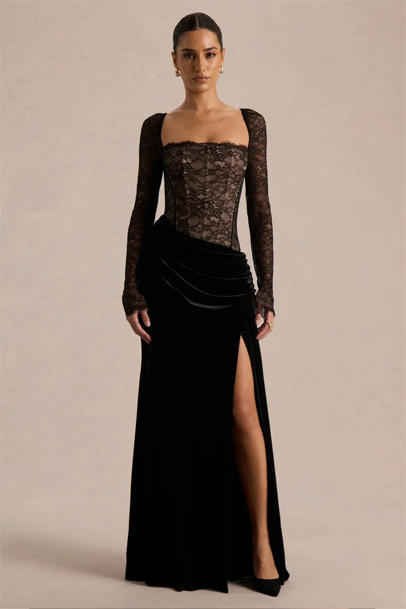 Robe longue femme avec haut en dentelle et fente latérale-Maxi Dress-Gigié