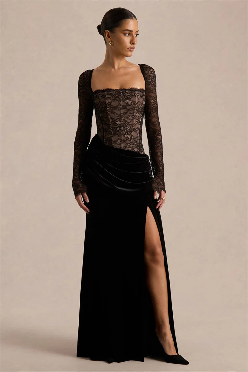 Robe longue femme avec haut en dentelle et fente latérale-Maxi Dress-Gigié