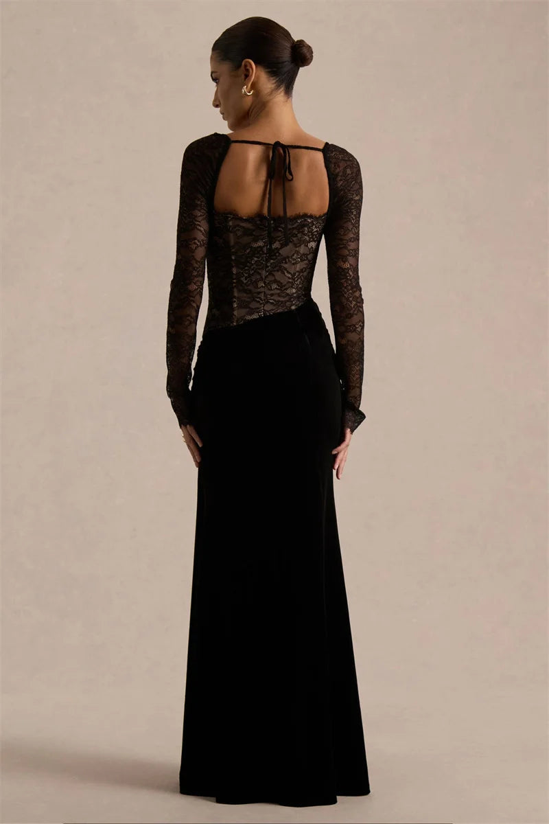 Robe longue femme avec haut en dentelle et fente latérale-Maxi Dress-Gigié