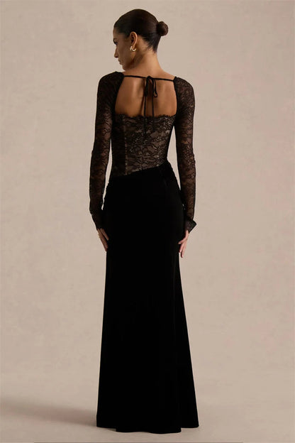 Robe longue femme avec haut en dentelle et fente latérale-Maxi Dress-Gigié