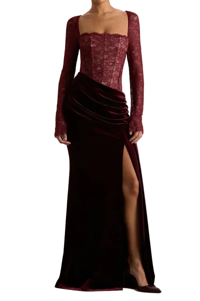 Robe longue femme avec haut en dentelle et fente latérale-Maxi Dress-Gigié