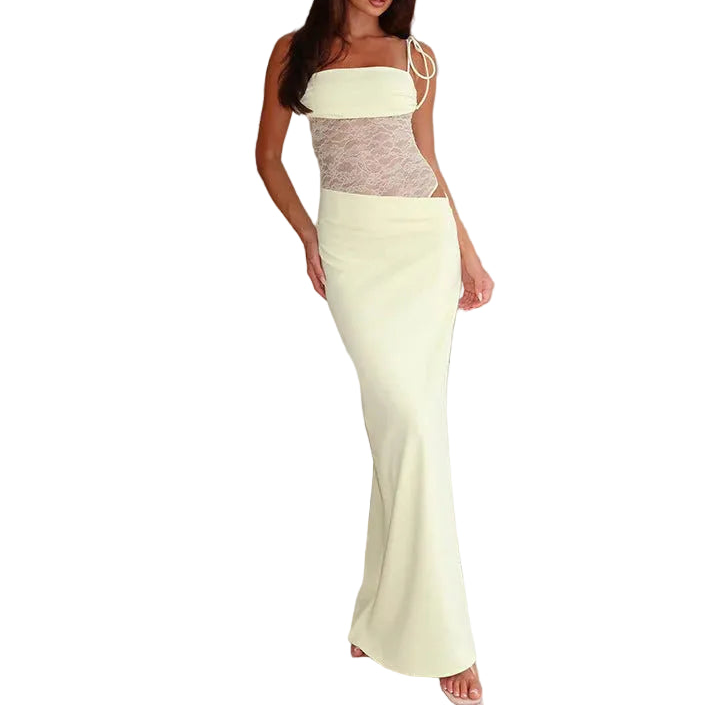 Robe longue femme avec liens aux épaules et panneau ajusté à la taille-Maxi Dress-Gigié