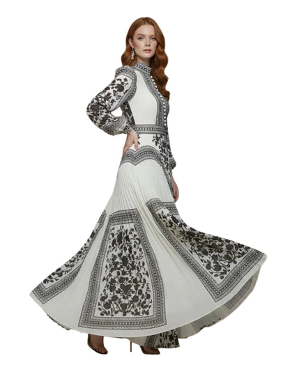 Robe longue femme imprimée avec jupe plissée-Maxi Dress-Gigié